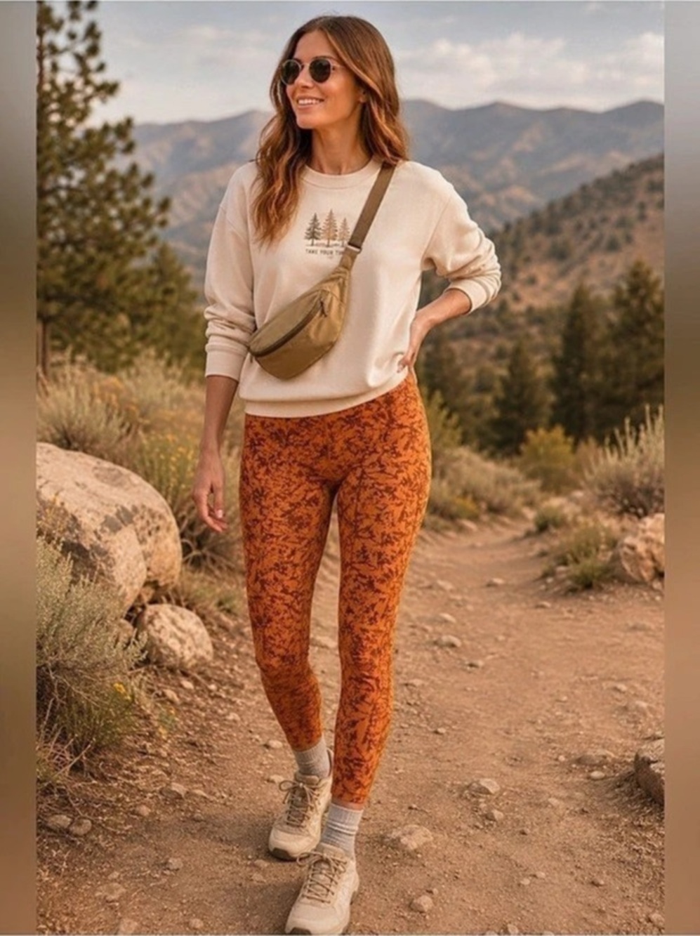 REI Co-op Take Your Time Orange Brown Leaf 7/8 Pocket Athletic Leggings Sz S